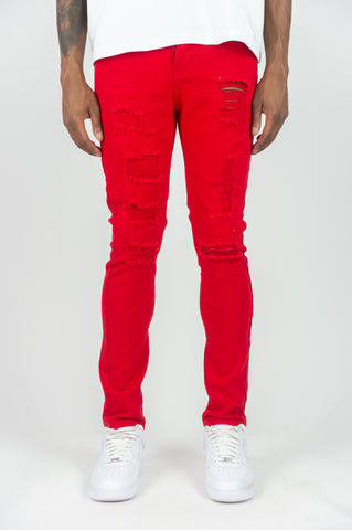 620 Color Twill Ripped Skinny Pants - Red