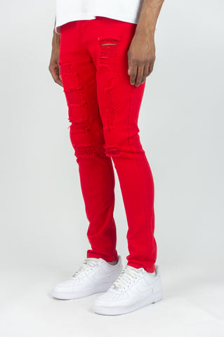 620 Color Twill Ripped Skinny Pants - Red