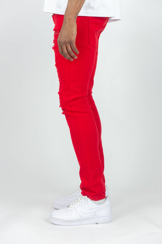 620 Color Twill Ripped Skinny Pants - Red