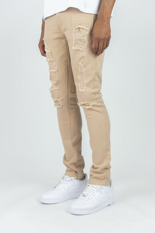 620 Color Twill Ripped Skinny Pants - Khaki