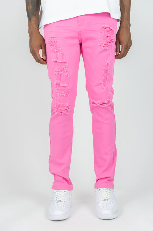 620 Color Twill Ripped Skinny Pants - Pink