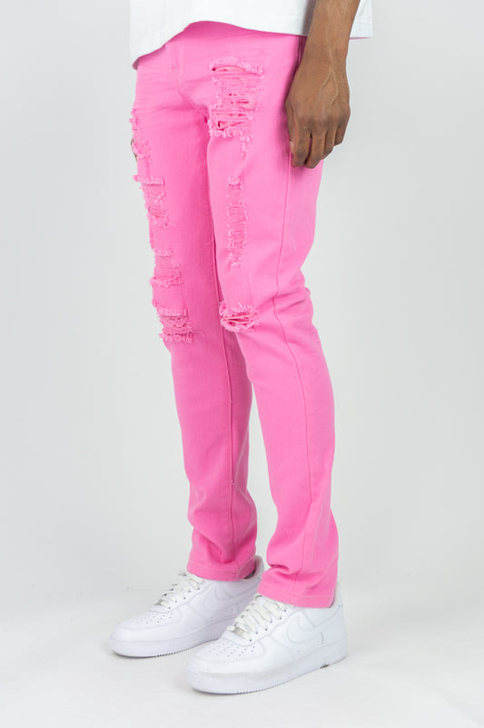 620 Color Twill Ripped Skinny Pants - Pink