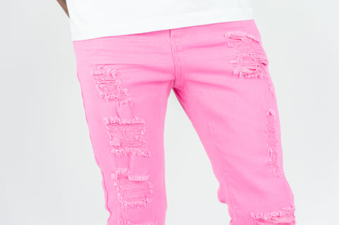 620 Color Twill Ripped Skinny Pants - Pink